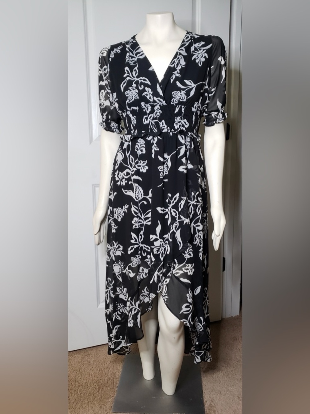 Express Black & White Floral Asymmetrical Midi Dress